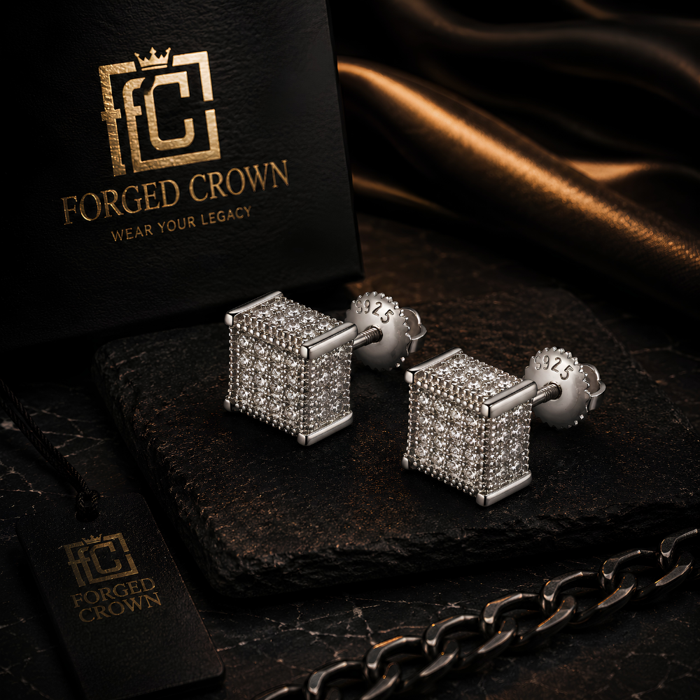Close up of moissanite cube stud earrings with full pave stones in platinum plated S925 sterling silver with secure screwback design