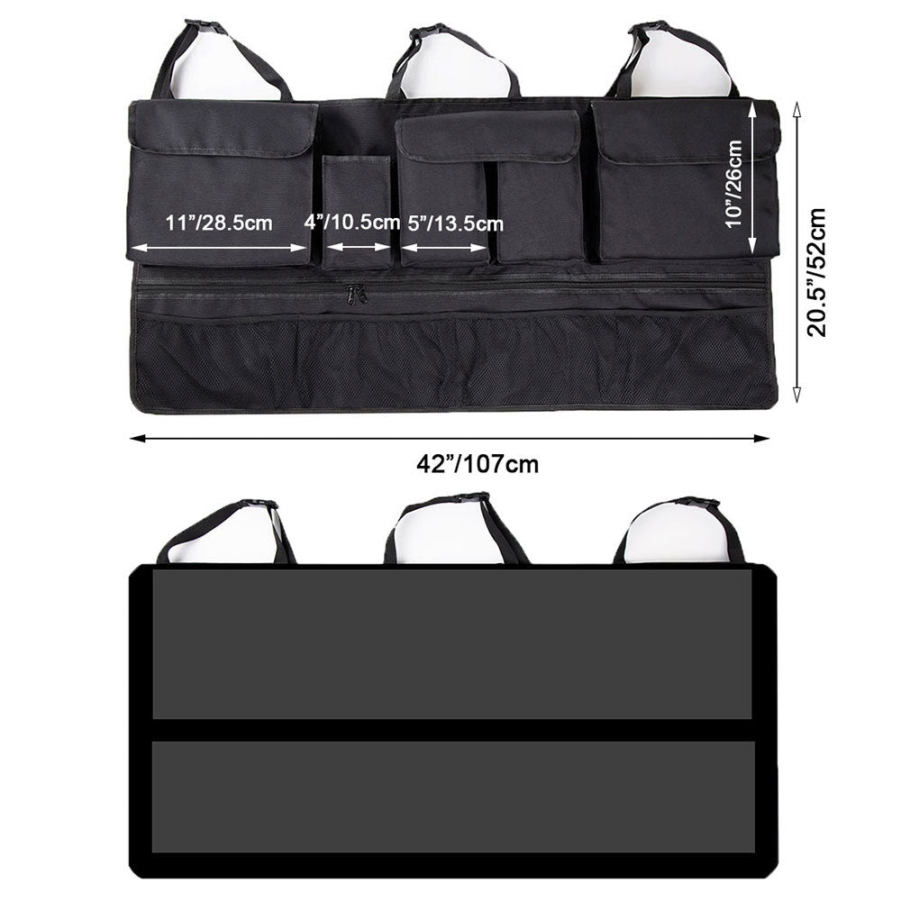 Vehicle trunk with a rear seat hanging storage organizer with multiple compartments dimensions.