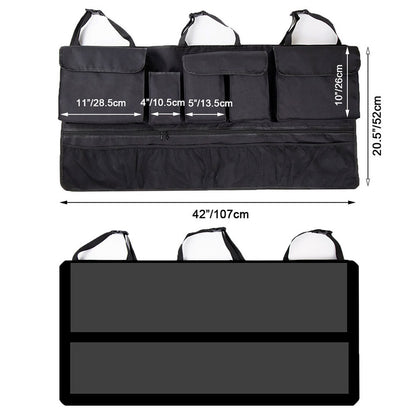 Vehicle trunk with a rear seat hanging storage organizer with multiple compartments dimensions.