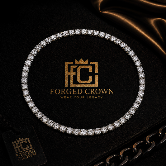 Moissanite tennis necklace in S925 sterling silver with platinum finish, featuring a continuous row of round stones displayed on black textured surface with Forged Crown 