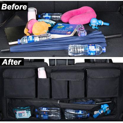 Before and after view of a vehicle trunk showing loose items compared to a rear seat hanging storage organizer with multiple compartments keeping items secured and neatly arranged.