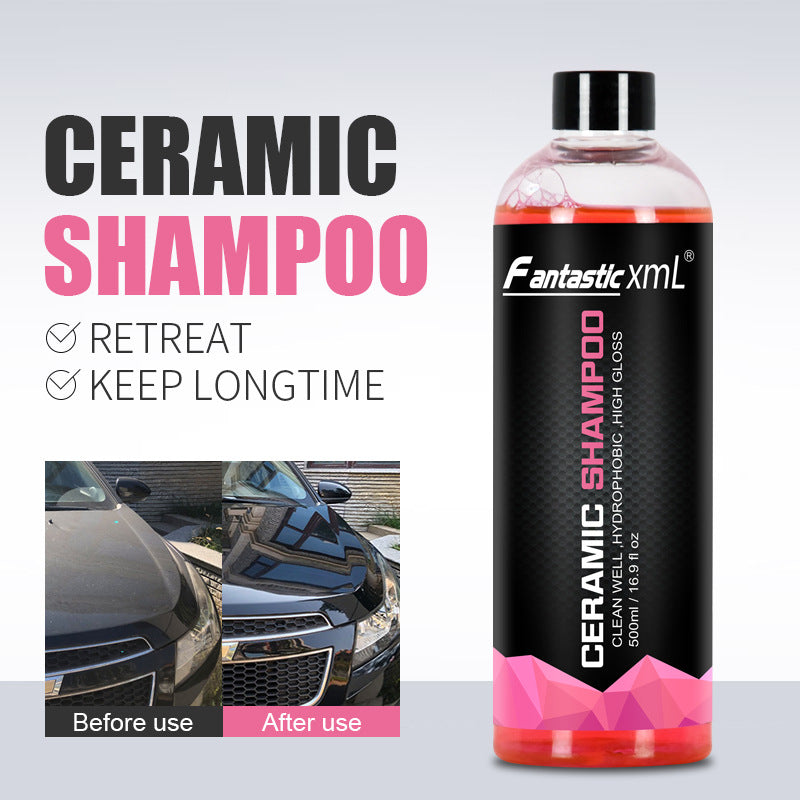 Close-up of ceramic shampoo bottle showing liquid formula and 500ml size. Before and after use photo