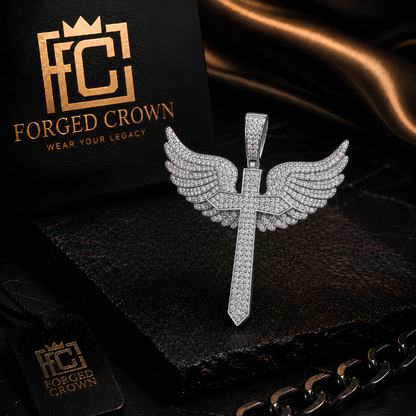 Angel Wings moissanite pendant in S925 sterling silver with platinum finish featuring winged design and dense pavé stone setting by Forged Crown