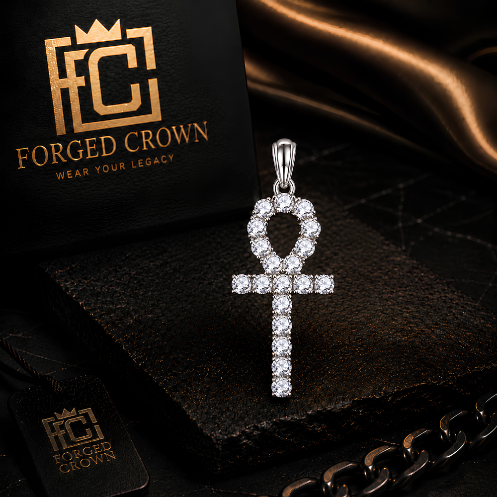 Moissanite Ankh Pendant Platinum Finish S925 Sterling Silver