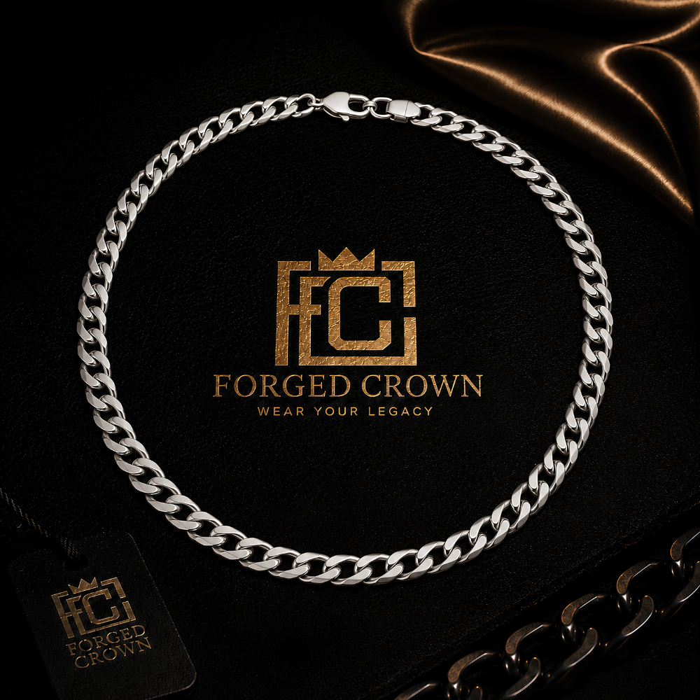 Moissanite curb link chain necklace in S925 sterling silver with platinum finish, displayed on black textured surface with Forged Crown branding