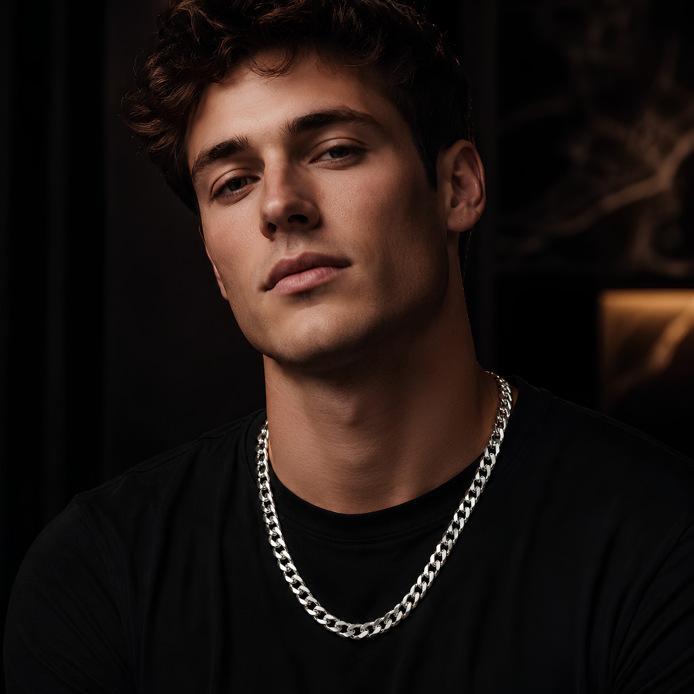Man wearing a Moissanite curb link chain necklace in S925 sterling silver with platinum finish