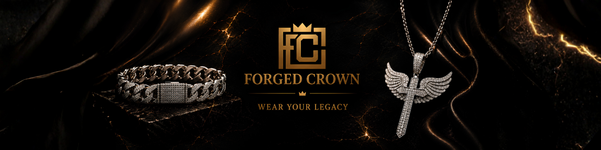 Forged Crown banner, showing a moissanite platinum finish bracelet on the left and a moissanite platinum finish Angel winged cross pendant necklace on the right, with the brand logo and text 'FORGED CROWN WEAR YOUR LEGACY' centered on a dark draped background with gold light effects.