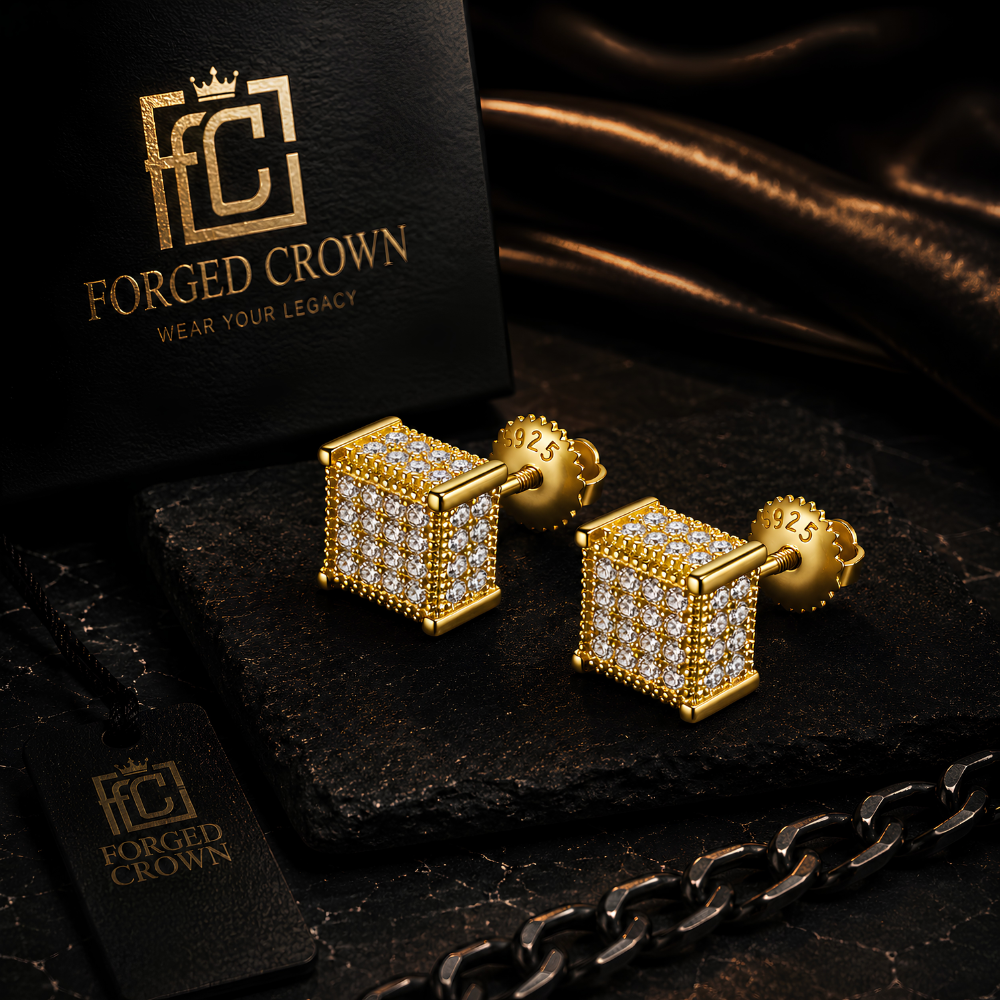 Moissanite cube stud earrings in S925 sterling silver with full pavé setting and screwbacks at www.ForgedCrown.com