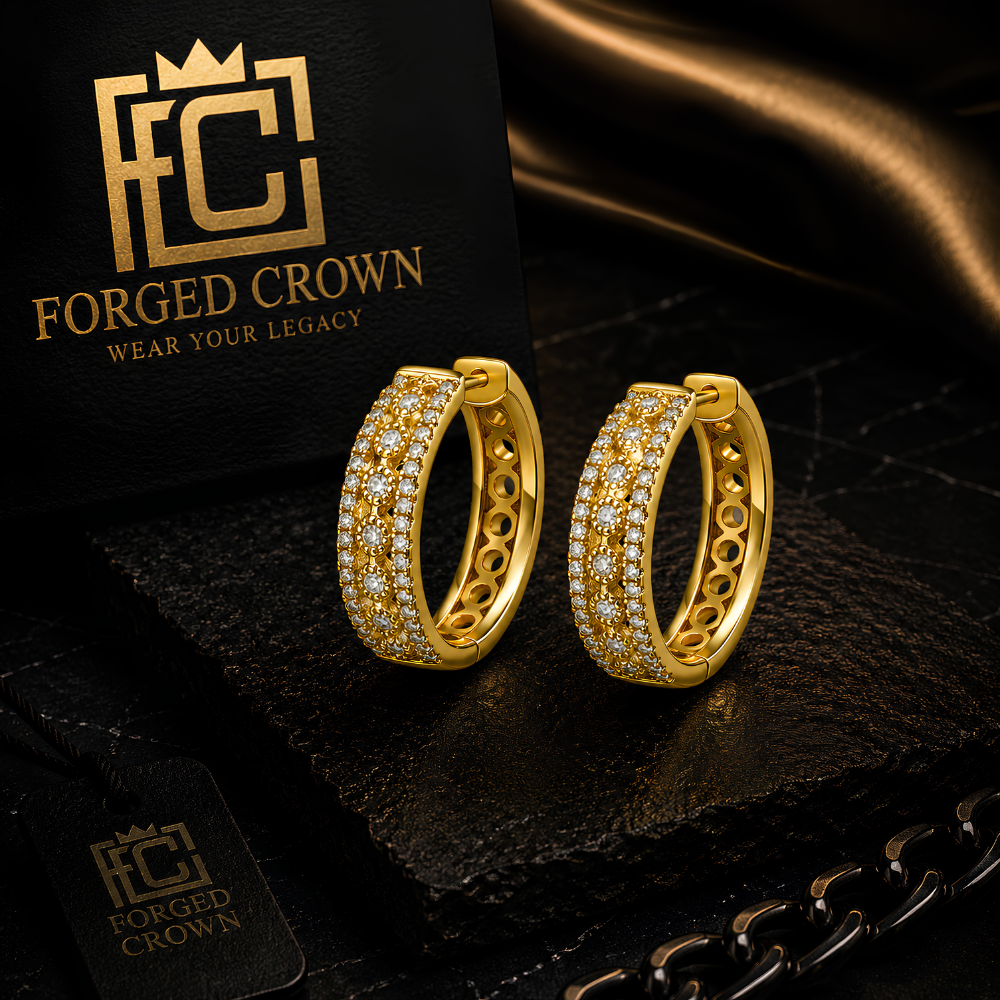 Gold hoop earrings with 'Forged Crown' branding on a dark background. Detail shot of 0.74CT GRA certified moissanite stones in pave setting.