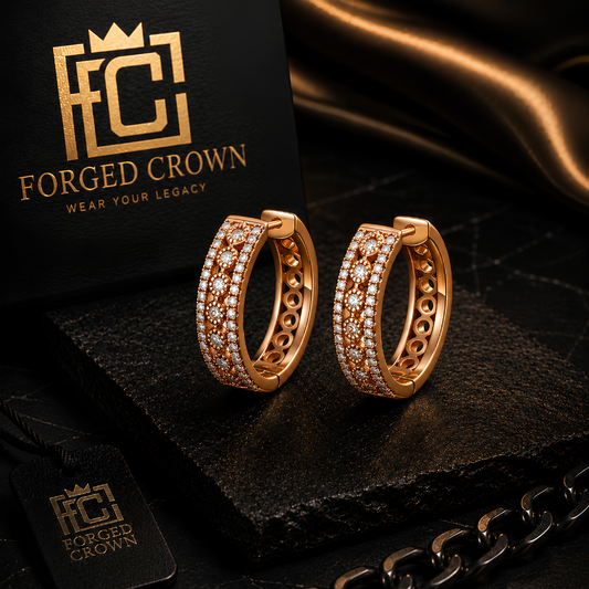 Gold huggie hoop moissanite 20mm earrings with 'Forged Crown' branding on a dark background