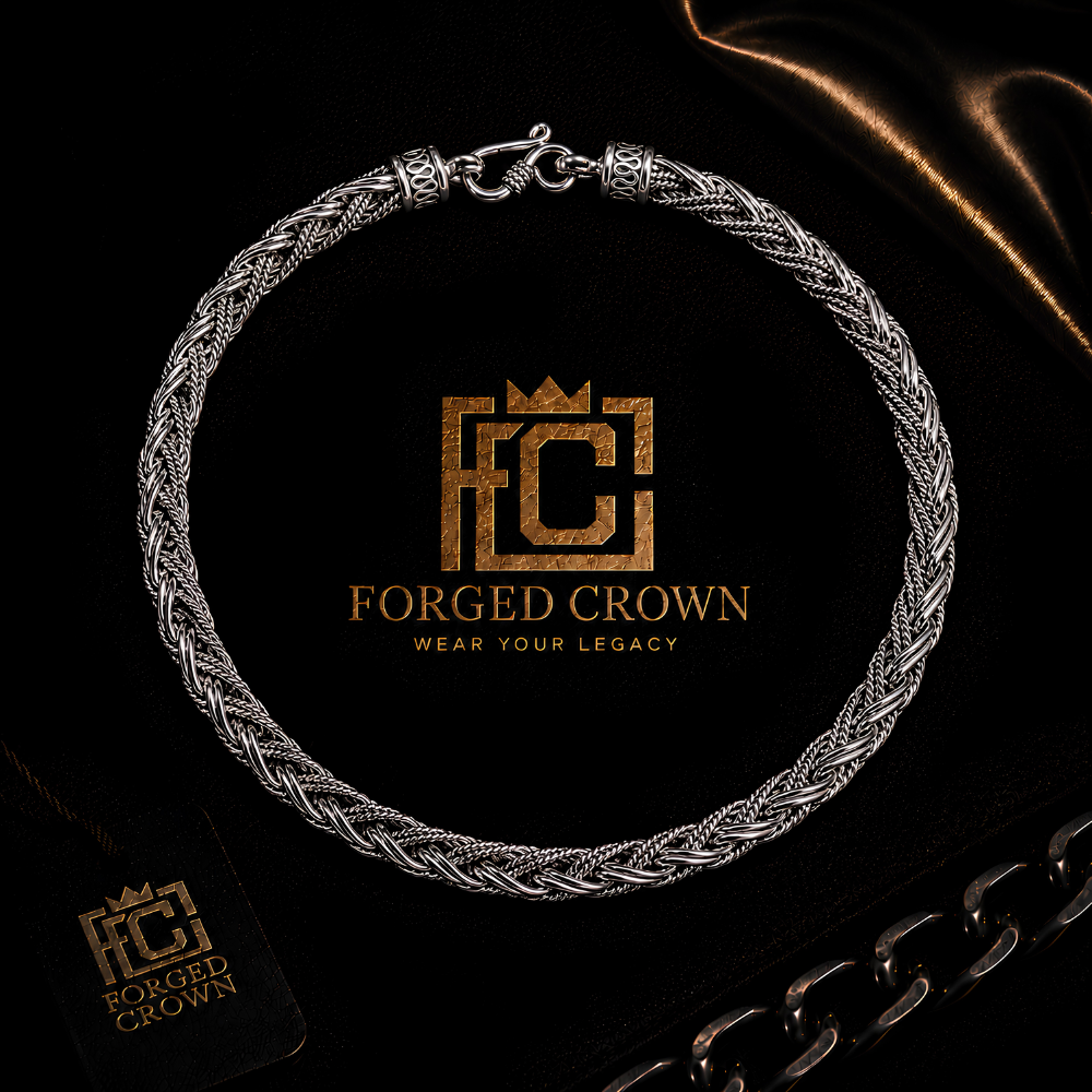 7mm sterling silver rope chain necklace in S925 featuring twisted link design and heavy structured form on a black background with Forged Crown logo.