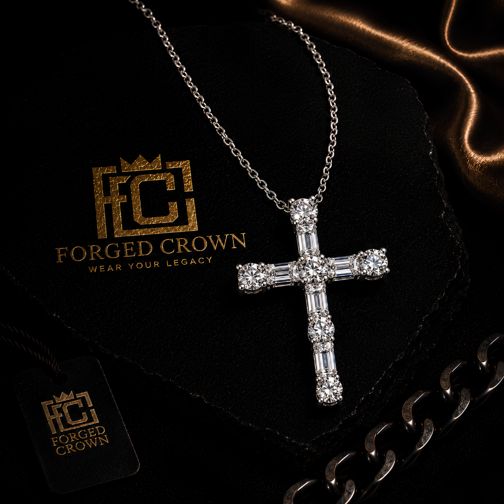 The Light of Faith moissanite cross necklace in S925 sterling silver with platinum finish featuring structured stone setting, displayed on 'Forged Crown' branding.