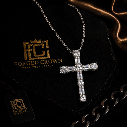 The Light of Faith moissanite cross necklace in S925 sterling silver with platinum finish featuring structured stone setting, displayed on 'Forged Crown' branding.
