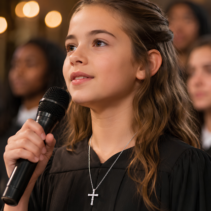 Young girl in a black robe holding a microphone wearing The Light of Faith moissanite cross necklace in S925 sterling silver with platinum finish featuring structured stone setting. Forged Crown
