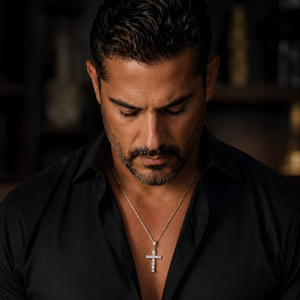 Man wearing a black shirt and The Light of Faith moissanite cross necklace in S925 sterling silver with platinum finish featuring structured stone setting. Forged Crown