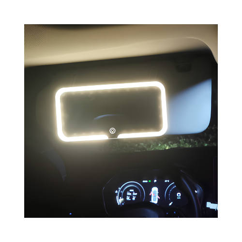 Forged Crown illuminated visor mirror in use inside vehicle showing even lighting for consistent visibility
