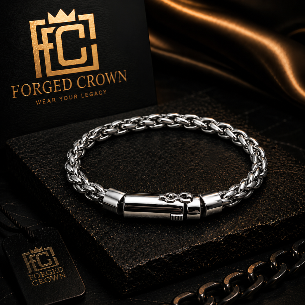 S925 sterling silver rope chain bracelet with bolt clasp featuring thick twisted link design and heavy structured form on a dark surface with 'Forged Crown' branding.