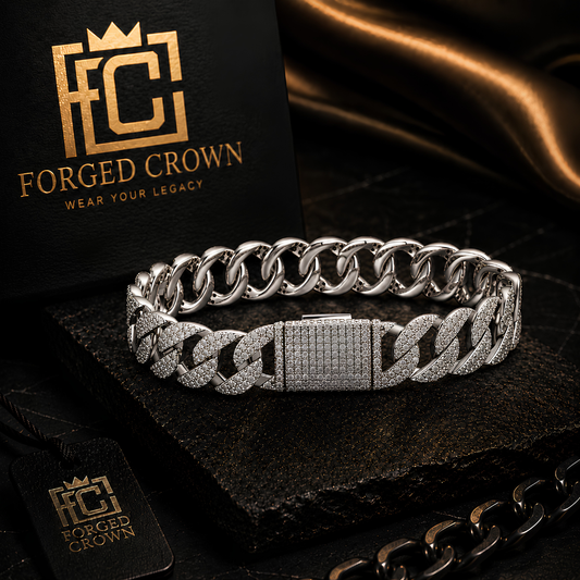 Moissanite link bracelet in S925 sterling silver with platinum finish, featuring pave clasp detail on a black stone slab with Forged Crown branding