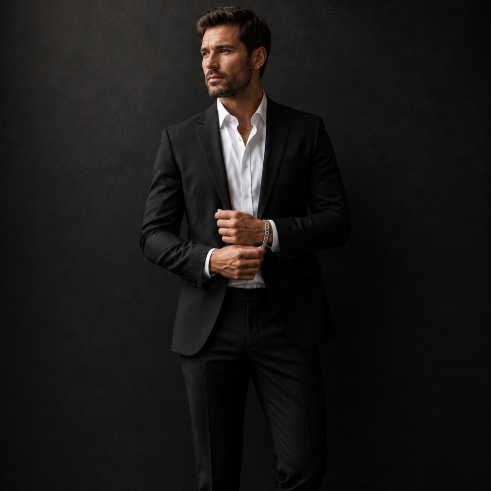 Man in a black suit and white shirt against a dark background modeling moissanite link bracelet in S925 sterling silver with platinum finish