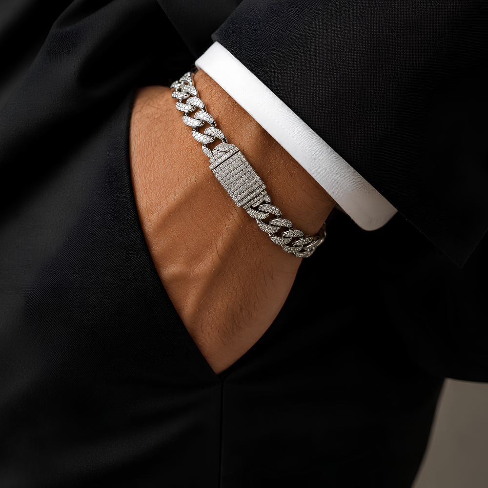 Close-up of a person wearing a Moissanite link bracelet in S925 sterling silver with platinum finish