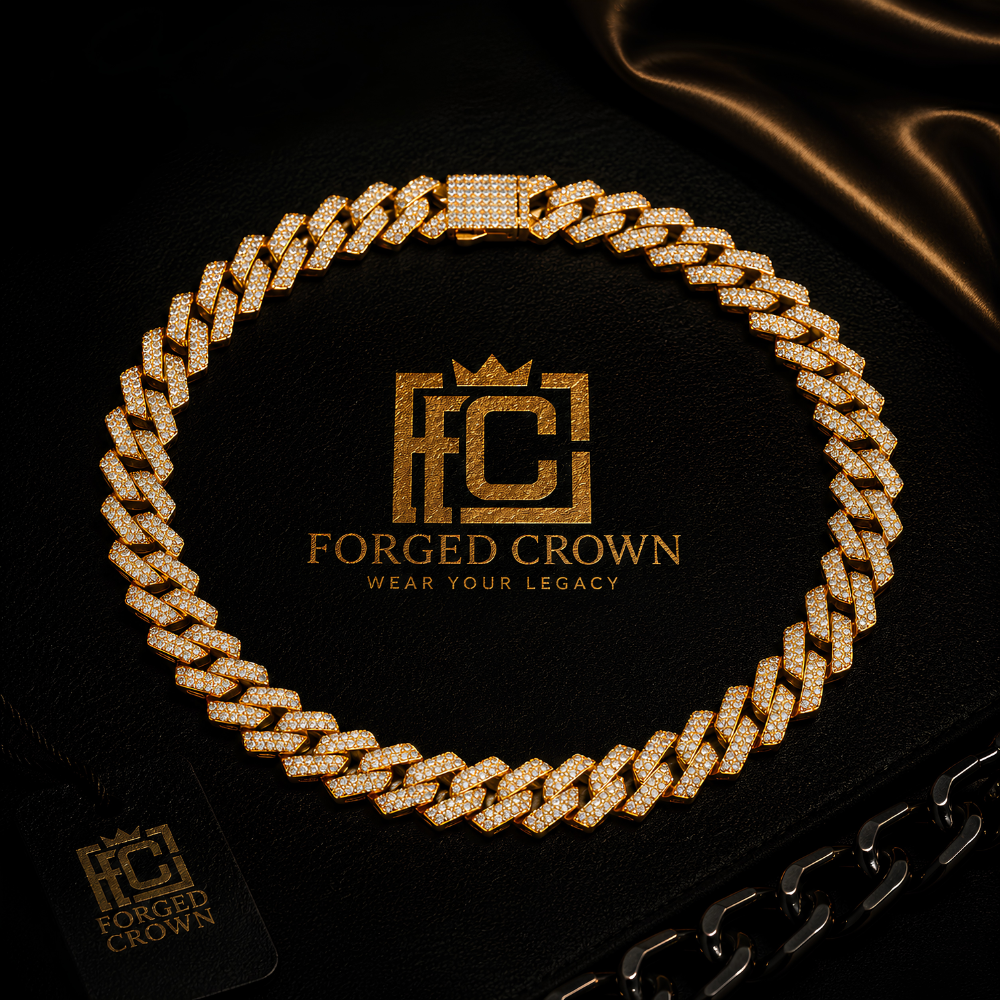 Gold‑finished S925 sterling silver moissanite cube‑link chain with structured, architectural links and a modern, masculine profile.