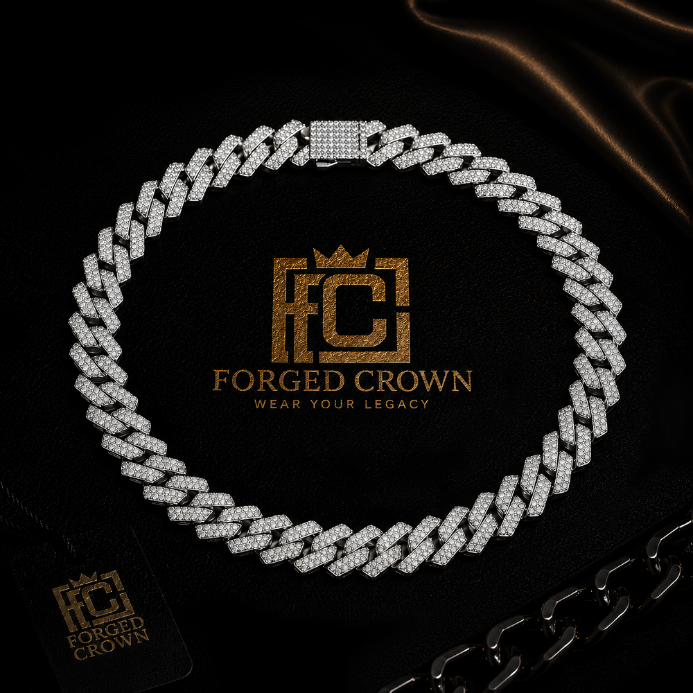 Platinum‑finished S925 sterling silver moissanite cube‑link chain with structured, architectural links and a modern, masculine profile.