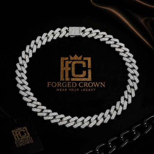 Platinum‑finished S925 sterling silver moissanite cube‑link chain with structured, architectural links and a modern, masculine profile.