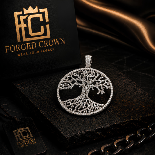 Moissanite Tree of Life pendant in S925 sterling silver with platinum finish featuring open branching design within a circular structure on a black fabric with 'Forged Crown' branding.