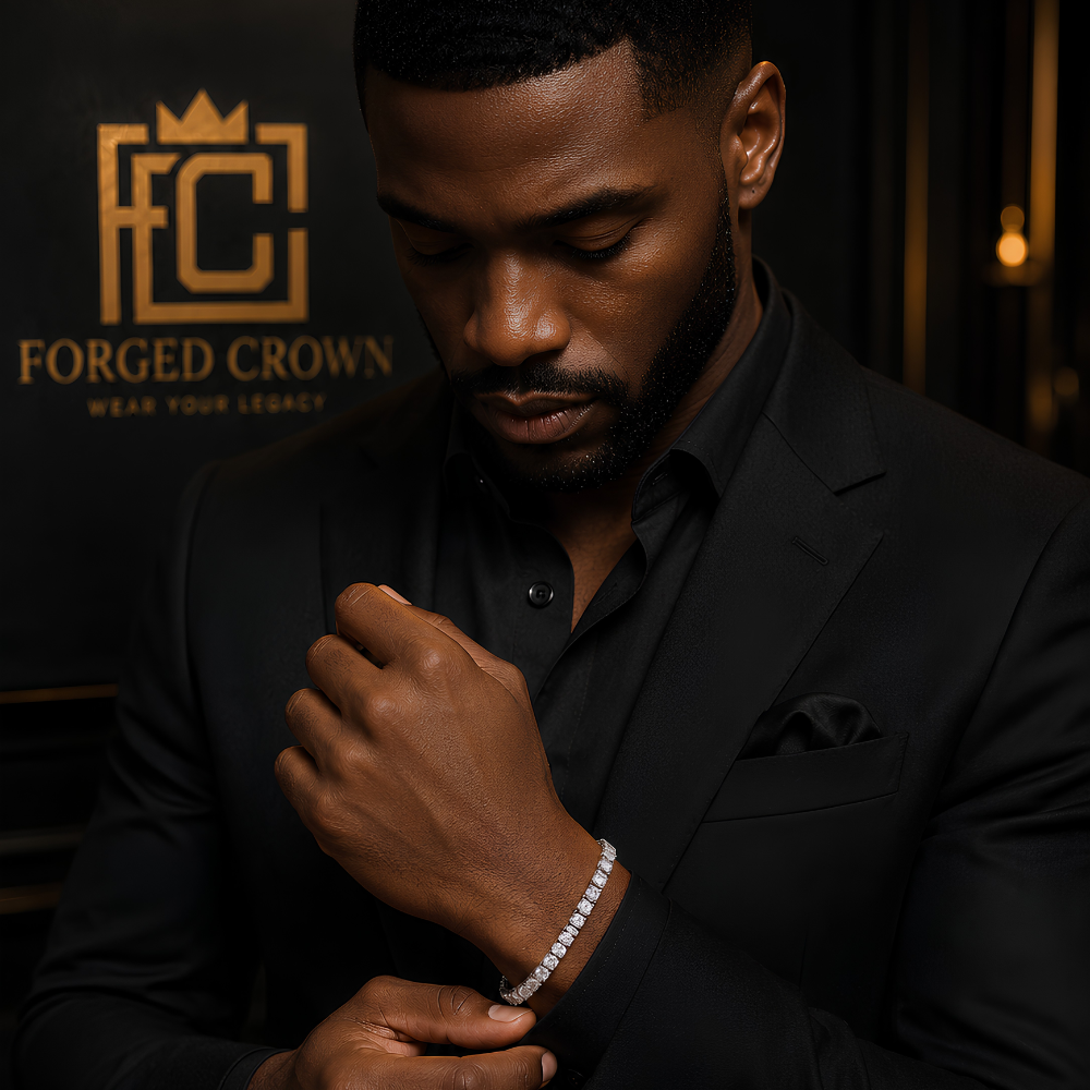 Man adjusting his suit jacket with 'Forged Crown' logo in the background wearing the Universal Gravitation  moissanite tennis bracelet with in platinum-finished S925 sterling silver
