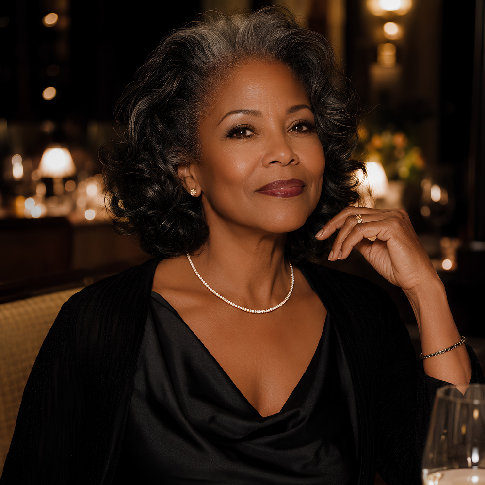 Mature woman wearing Winter Lake moissanite pendant necklace in S925 sterling silver with Rose Gold finish.