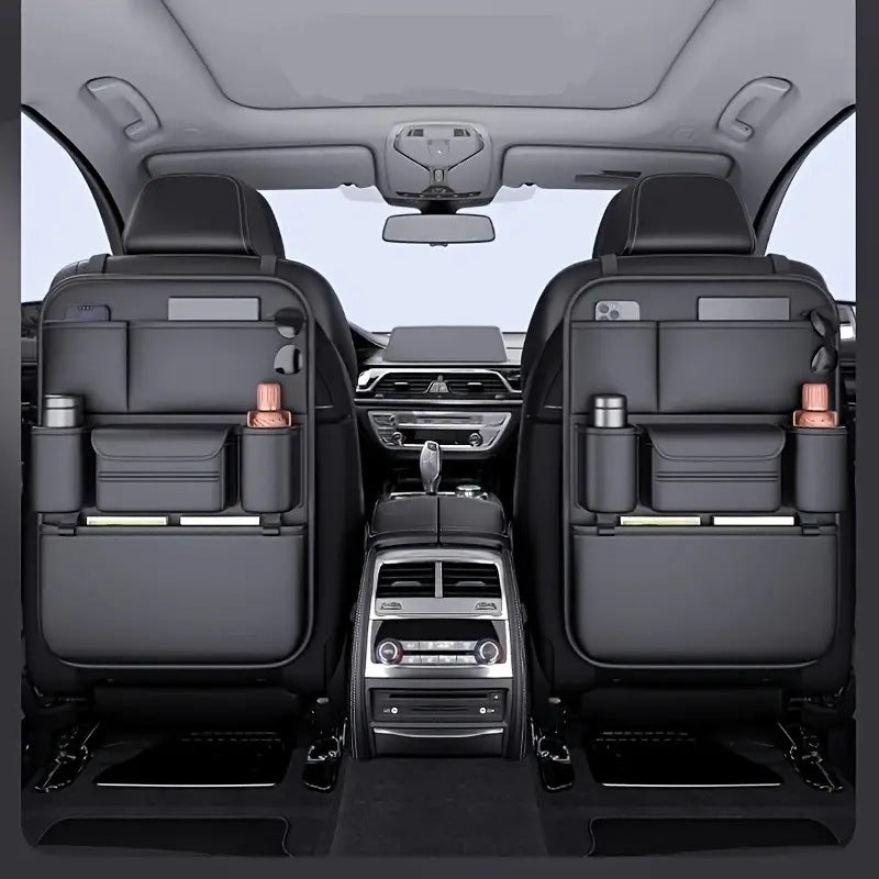 Forged Crown rear seat vegan leather storage organizer creating structured interior storage with a clean, controlled layout