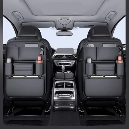 Forged Crown rear seat vegan leather storage organizer creating structured interior storage with a clean, controlled layout
