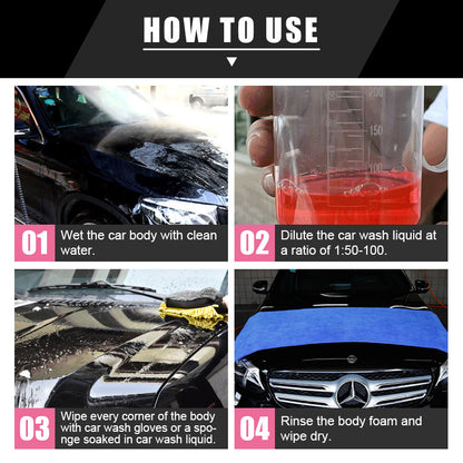 Close-up of ceramic shampoo bottle showing liquid formula and 500ml size and 4 steps on how to use