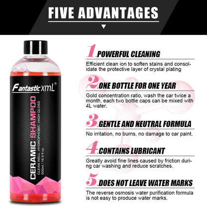 Close-up of ceramic shampoo bottle showing liquid formula and 500ml size and 5 advantages